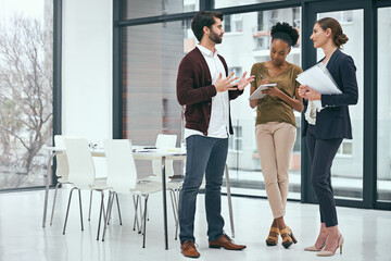 Poster - Office, group and tablet with report, discussion and teamwork for b2b notes or project. Man, women and communication for collaboration, partnership and small business meeting with iot planning staff
