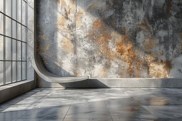 Poster - A stylish modern bench against a distressed concrete wall illuminating by sunlight