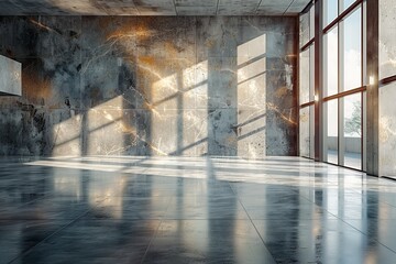Poster - A contemporary room with sunlight casting dynamic shadows through large windows onto concrete walls and glossy floors