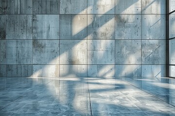 Poster - Sunlight filtering through windows casts geometric shadows on reflective floor in a minimalist architectural space