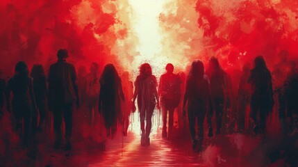 Fototapeta zombie apocalypse, people walking in the blood, halloween concept