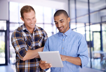 Aufkleber - Teamwork, working and tablet in business office, web designer and creative career or online networking for research. Collaboration, company and coworking, reading and reviews for project or employee