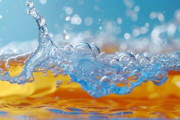 Poster - A crisp and vibrant image showcasing the dynamic motion of water splash against a contrasting blue and orange background, perfectly frozen in time
