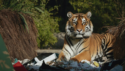 Wall Mural - a tiger in a polluted habitat. tiger day. environmental pollution