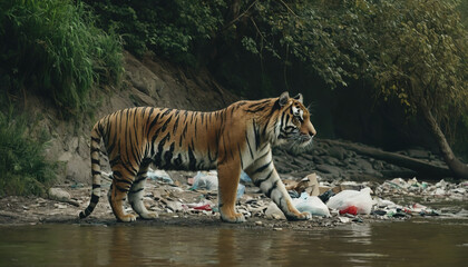 Wall Mural - a tiger in a polluted habitat. tiger day. environmental pollution