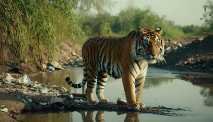 Wall Mural - a tiger in a polluted habitat. tiger day. environmental pollution
