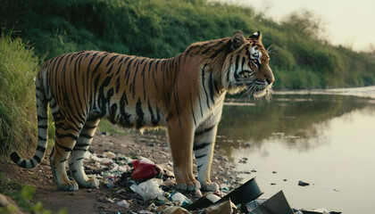 Wall Mural - a tiger in a polluted habitat. tiger day. environmental pollution
