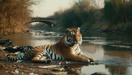 Wall Mural - a tiger in a polluted habitat. tiger day. environmental pollution