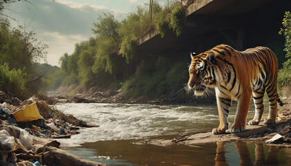 Wall Mural - a tiger in a polluted habitat. tiger day. environmental pollution