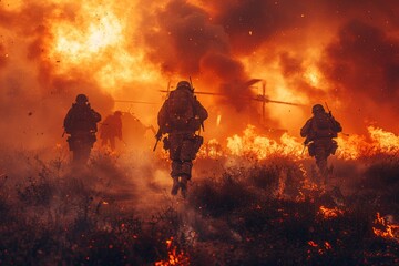 A dramatic depiction of soldiers bravely moving through blazing inferno possibly in a combat scenario or training exercise