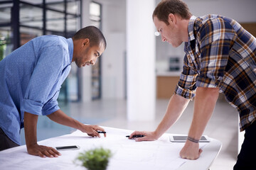 Poster - Man, blueprint and office teamwork planning, discussion and architect pr tablet or property design. Development, engineering and vision with coworkers, brainstorming and staff for renovation talk