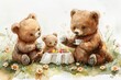 Brown bear family picnic on the flower lawn. Watercolor weekend of mother and father bears with their cub sitting at the table and drinking tea.
