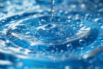 Poster - High-definition capture of a water droplet impacting a blue surface, generating symmetrical ripple rings