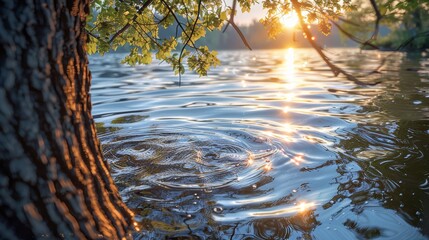Poster - A tree branch is in the water, and the sun is shining on the water