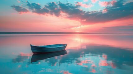 Wall Mural - A boat is floating on a calm lake with a beautiful sunset in the background. The scene is serene and peaceful, with the boat reflecting the colors of the sky in the water