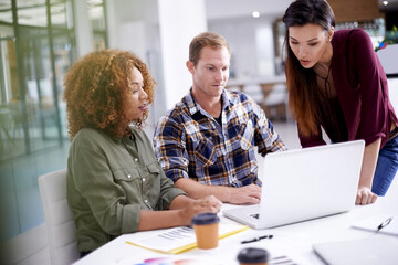 Poster - Teamwork, workplace and people working with laptop, business meeting and coworkers for web design or online project. Collaboration, together and technology for research information, company or review