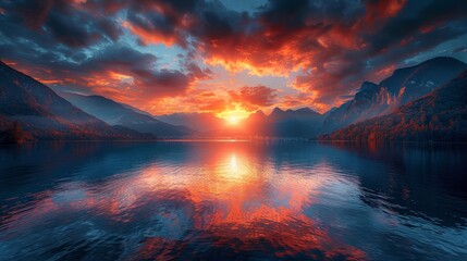 Poster - A beautiful sunset over a lake with mountains in the background. The sky is filled with clouds and the sun is setting, creating a warm and peaceful atmosphere