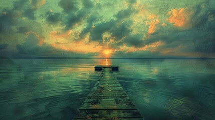 Poster - A wooden bridge is seen over a body of water with a sunset in the background. Scene is serene and peaceful, as the sun sets over the water, casting a warm glow on the scene