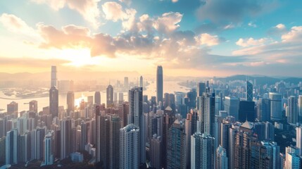 Aufkleber - A bustling city skyline with towering skyscrapers gleaming in the sunlight, symbolizing urban prosperity and progress