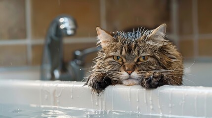 Poster - A cat begrudgingly enduring a bath while perched on the edge of a bathtub, its expression conveying a mix of annoyance and resignation.