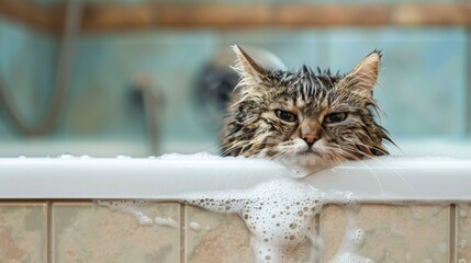 Poster - A cat begrudgingly enduring a bath while perched on the edge of a bathtub, its expression conveying a mix of annoyance and resignation.