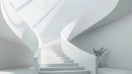 Aufkleber - Minimalist setting with an elegant white spiral staircase, soft shadows, and a potted plant