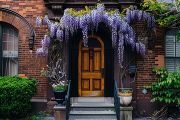 wisteria decorated dark black suburban house front porch and facade with wooden door. beautiful spring season. 