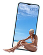 woman on the beach applying sunscreen lotion to legs skin for care and sun protection. Isolated against screen of smartphone in white background. Concept for online shopping or summer travel holiday