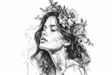 Wall Mural - sketch of a beautiful woman wearing floral wreath. Female head monochrome drawing in tattoo style for t-shirt, mug, textile, tote bag mockup. 