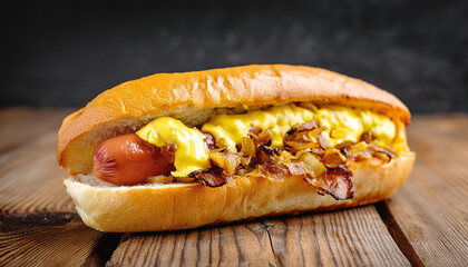 Wall Mural - Hot-dog with crispy bacon, fried onions, melted cheese and mustard on wooden table. Tasty fast food