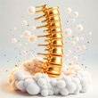 Gold section of human spine. 3D golden anatomical model surrounded by clouds on a white background.