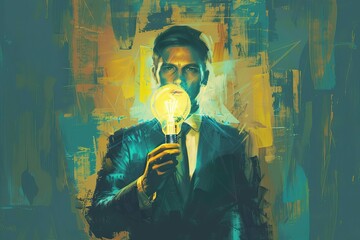 Wall Mural - charismatic businessman holding virtual lightbulb symbolizing creative ideas and successful problemsolving digital painting