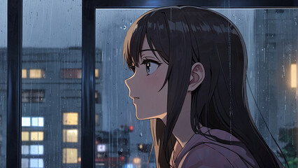 a beautiful woman looking at the rain behind the window