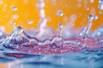 Poster - Captivating close-up of water droplets glistening like jewels on a dynamic orange-blue surface, evoking a sense of purity and freshness
