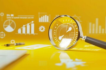 Wall Mural - compliance concept with magnifying glass focusing on icon on yellow background business illustration