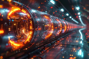 Poster - an intricate sci-fi tunnel illuminated by orange and blue lights, creating a sense of depth and high