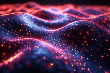 Poster - Capturing a mesmerizing scene of digital waves with a dominant red hue symbolizing dynamic movement or fluctuating data