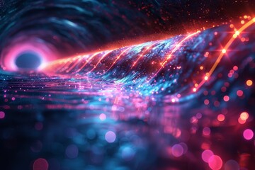 Poster - This dynamic image features a tunnel effect of colorful light particles swirling in an abstract pattern, invoking a sense of energy and movement