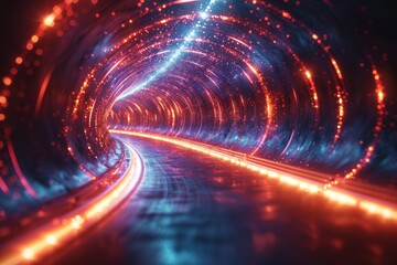 Poster - An immersive digital representation of a neon-lit tunnel, glowing with sparkling red and blue light trails