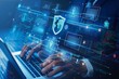 © Lucija - cyber security insurance concept with businessman using laptop and shield icons digital illustration