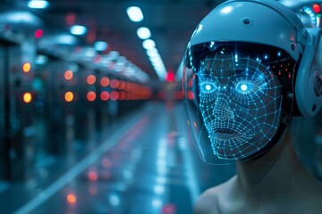 Poster - A striking image of a helmet with a digital grid pattern simulating a human face, set against a futuristic environment