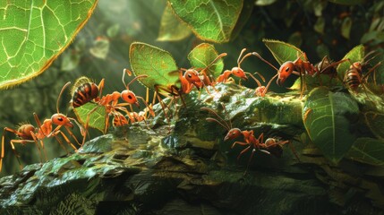 Poster - A colony of leafcutter ants diligently harvesting foliage to bring back to their underground nest, demonstrating resourcefulness in foraging.