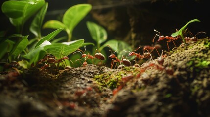 Poster - A colony of leafcutter ants diligently harvesting foliage to bring back to their underground nest, demonstrating resourcefulness in foraging.