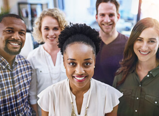 Poster - Happy woman, portrait and office with creative team in business startup, growth or diversity. Face of female person, employee or leader in multicultural group, unity or pride in about us at workplace