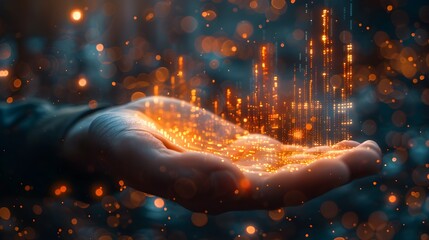 Poster - Businessman s Hand Displaying Glowing Data Driven Business Analytics Graph
