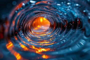 Poster - Close-up shot of an abstract colorful swirl with water droplets, combining the elemental forces of water and light in a vivid display
