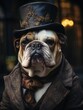 a portrait victorian english bulldog with a top hat and posing on the streets of old London, surrealism, atmospheric lighting, realistic skin tones, epic details, portrait photography, AI Generative