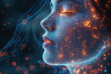 Poster - An abstract digital art showcasing a blend of glowing particles and fibers against a dark backdrop, creating a sense of depth