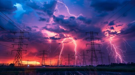 Poster - A dramatic lightning storm illuminating the sky behind high-voltage power lines, emphasizing the raw power and beauty of electricity.