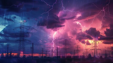Poster - A dramatic lightning storm illuminating the sky behind high-voltage power lines, emphasizing the raw power and beauty of electricity.